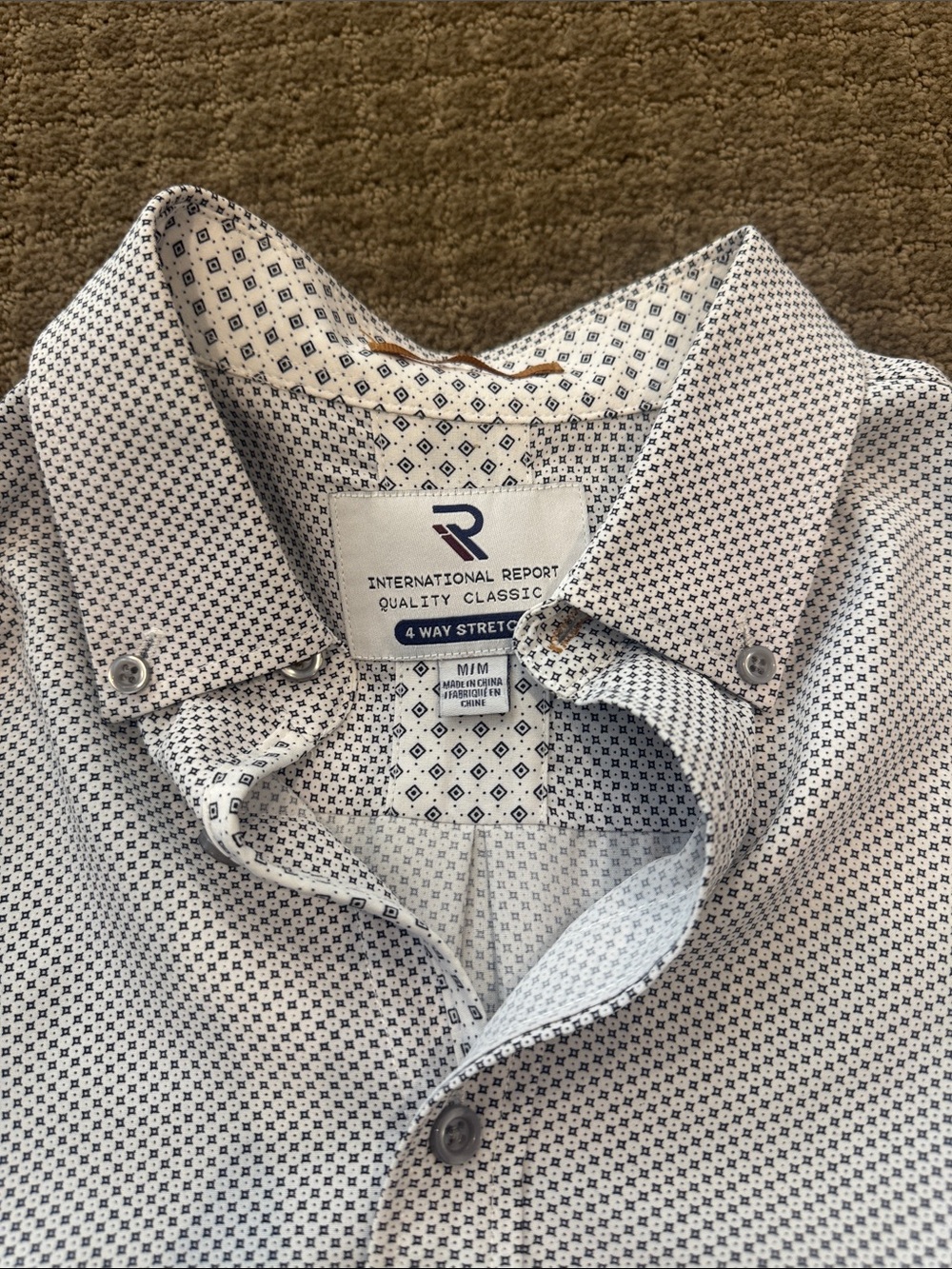 White & Navy Micro-Pattern international report brand. Button-Up Shirt